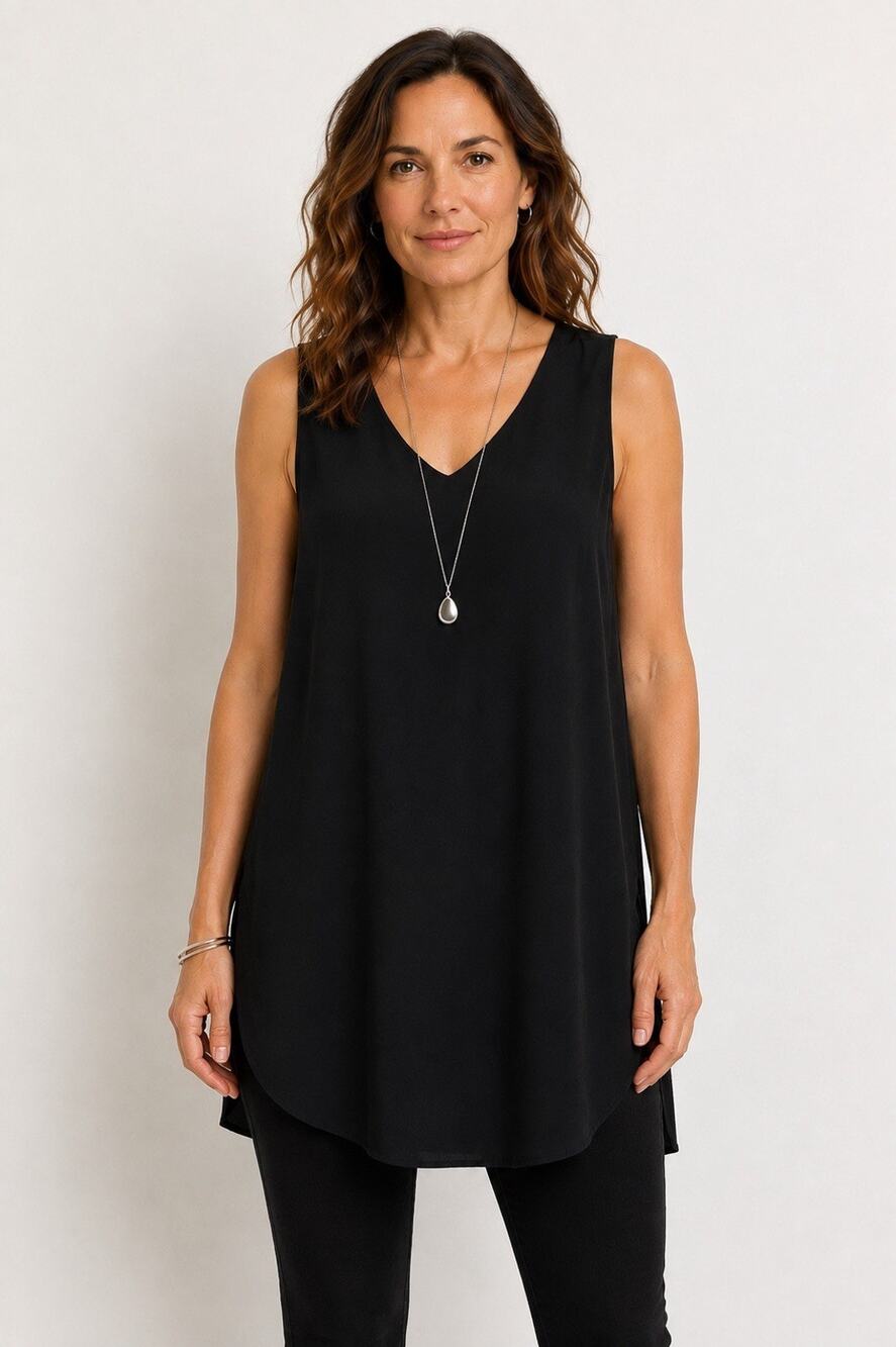 Eileen Fisher Top Large Black V-neck Silk Georgette Crepe Tank Tunic Minimalist
